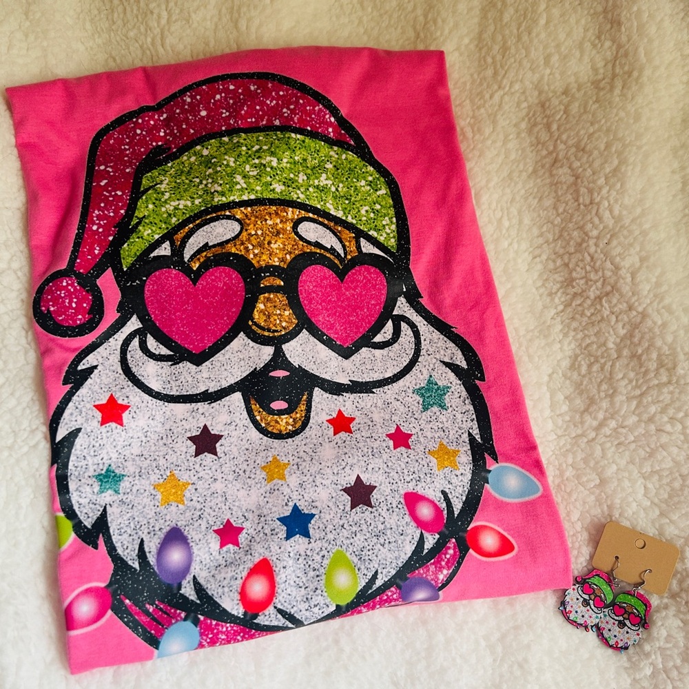 Festive Pink Santa T-Shirt & Earrings